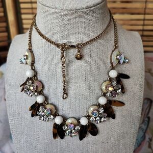 J. Crew Oxidized Brass Tone Art Deco Clear AB Faux Tortoise Statement Necklace